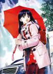  1girl absurdres bag car coat dress duffel_coat flcl green_eyes highres holding holding_umbrella long_hair looking_to_the_side mercedes-benz motor_vehicle ninamori_eri non-web_source official_art pantyhose photoshop_(medium) purple_hair red_dress red_umbrella sadamoto_yoshiyuki scan solo tree umbrella 