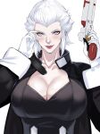  1girl breasts cleavage final_fantasy final_fantasy_xiv gloves grey_eyes gun hair_slicked_back holding holding_gun holding_weapon huge_breasts jamjamstyle lips looking_at_viewer merlwyb_bloefhiswyn pale_skin roegadyn short_hair solo upper_body weapon white_background white_gloves white_hair 