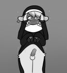  anthro blush bovid caprine chlora ear_piercing ear_ring ear_tag fur horn leaking male mammal nervous nun_outfit piercing qtipps ring_piercing sheep solo white_body white_fur 