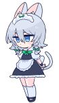  1girl animal_ears blue_dress blue_eyes blue_footwear braid chibi dog_ears dog_tail dress grey_hair grey_tail highres inu_sakuya_(nejikirio) izayoi_sakuya kemonomimi_mode maid maid_headdress op_na_yarou simple_background socks solo tail touhou twin_braids white_background white_socks wrist_cuffs 