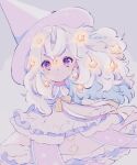  1girl artist_name closed_mouth frills grey_hair hair_ornament hair_ribbon hat highres jikuno long_hair looking_at_viewer original pink_headwear purple_hair ribbon simple_background solo star_(symbol) star_hair_ornament upper_body wavy_hair white_hair witch_hat 