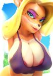  3d_(artwork) activision anthro areola areola_slip bandicoot big_breasts big_nipples blonde_hair breasts cleavage clothed clothing crash_bandicoot_(series) digital_media_(artwork) erect_nipples_under_clothes female hair hi_res looking_at_viewer makeup mammal marsupial mascara nipple_outline nipples sala3dart shirt solo tank_top tawna_bandicoot topwear wide_hips 