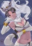  1girl animal_ear_fluff animal_ears armpits bare_shoulders bindi black_hair breasts cleavage closed_mouth dark-skinned_female dark_skin elbow_gloves fang fang_out finger_to_mouth forked_eyebrows fur_collar gloves grey_hair hair_rings high_ponytail highres indian_wolf_(kemono_friends) kemono_friends large_breasts leaning_to_the_side light_blush long_hair looking_at_viewer moon multicolored_hair navel night night_sky outdoors parted_bangs sarong sky smile solo star_(sky) starry_sky stomach tail tsuppushi wolf_ears wolf_girl wolf_tail wrist_wings yellow_eyes 