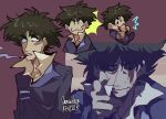  1boy :3 artist_name blood blood_on_face camaicheo cigarette closed_eyes cowboy_bebop eating finger_gun food happy highres male_focus sandwich scene_reference simple_background smoking spike_spiegel spiked_hair variations 