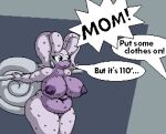  big_breasts bodily_fluids breasts chubby_female dialogue digital_media_(artwork) female generation_6_pokemon goodra hi_res nintendo nipples nude pixel_(artwork) pokemon pokemon_(species) purple_body purple_nipples purple_skin slightly_chubby speech_box sweat thick_thighs unaware wide_hips 