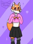  &lt;3 &lt;3_eyes anthro belly black_bottomwear black_clothing black_legwear black_skirt black_thigh_highs blue_collar bottomwear brown_ear_tips brown_eartips canid canine clothed clothing collar crossdressing des_(desthefemboy) desthefemboy fingers_together fluffy fluffy_tail fox fur girly glistening glistening_eyes hoodie inner_ear_fluff legwear male mammal orange_body orange_fur pattern_background pink_clothing pink_hoodie pink_topwear purple_background red_eyes simple_background skirt solo striped_background tail thigh_highs topwear tuft white_belly white_body white_fur white_tail_tip 