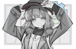  1girl animal_ears blue_archive blush coat greyscale hair_bobbles hair_ornament halo hands_on_headwear hat izuoku jacket long_sleeves looking_at_viewer monochrome open_clothes open_coat open_mouth simple_background sleeves_past_wrists solo spot_color upper_body yakumo_(blue_archive) 
