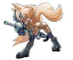  1girl animal_ears ass bent_over blonde_hair blue_eyes blue_gemstone body_fur boots breasts brown_fur cleft_of_venus commentary dutch_angle elbow_gloves elbow_pads english_commentary furry furry_female gem gloves grey_footwear grey_gloves hair_down half-closed_eyes hanging_breasts holding holding_weapon knee_pads leaning_forward legs_apart long_hair looking_at_viewer looking_back mask mask_on_head medium_breasts multicolored_fur nipples nude presenting pussy ribs rockthebull shiny_skin simple_background solo sonic_(series) tail tail_raised thighs tongue tongue_out uncensored very_long_hair weapon whisper_the_wolf white_background white_fur wolf_ears wolf_girl wolf_tail yellow_fur 