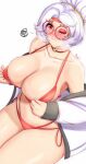  1girl adjusting_clothes adjusting_swimsuit anisdrawn bikini blush breasts closed_mouth collarbone curvy eyeshadow glasses highres jacket large_breasts makeup navel off_shoulder one_eye_closed purah red-framed_eyewear red_bikini red_eyes red_eyeshadow round_eyewear short_hair sitting skindentation solo spoken_squiggle squiggle stomach strap_gap sweat swimsuit the_legend_of_zelda the_legend_of_zelda:_tears_of_the_kingdom thighs white_hair 