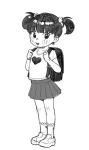  1girl backpack bag child full_body greyscale highres monochrome open_mouth opossumachine original randoseru shirt shoes simple_background sketch solo twintails 