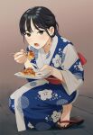  1girl black_hair blue_kimono chopsticks eating floral_print food full_body holding holding_chopsticks japanese_clothes kimono kneeling looking_at_viewer mattaku_mousuke original solo wide_sleeves 