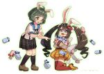  2girls animal_ears black_hair blue_eyes ensemble_girls! fake_animal_ears green_eyes green_hair hino_kurumi hisayoshi_(hisa) kimisaki_school_uniform long_hair looking_at_another multiple_girls open_mouth rabbit_ears school_uniform short_hair sunaga_midori twintails white_background 