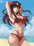  1girl arms_up bikini black_hair blunt_bangs breasts fire_emblem fire_emblem_awakening fire_emblem_heroes flower hair_flower hair_ornament highres johncgz looking_at_viewer navel o-ring o-ring_bikini official_alternate_costume red_bikini solo swimsuit tharja_(fire_emblem) tharja_(summer)_(fire_emblem) 