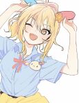  1girl animal_ears blonde_hair bow bowtie breasts clothes_around_waist commentary fake_animal_ears fang flower hair_between_eyes hair_flower hair_ornament hands_up highres looking_at_viewer love_live! love_live!_nijigasaki_high_school_idol_club medium_breasts medium_hair miyashita_ai ogi_(sham00) open_collar open_mouth pink_bow pink_bowtie ponytail rabbit_ears rabbit_ornament shirt short_sleeves sidelocks smile solo sweater sweater_around_waist teeth upper_body upper_teeth_only white_background white_shirt wing_collar yellow_eyes yellow_sweater 