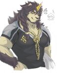 1boy absurdres animal_ears bara black_shirt braid commentary_request doodle_inset furry furry_male furry_with_non-furry gold_necklace highres horns interspecies izm_(izm_rm7) jewelry lion_ears lion_mane looking_at_viewer male_focus mythological_creature necklace pazuzu_(housamo) pointing pointing_at_another shirt signature single_horn tokyo_afterschool_summoners white_background 