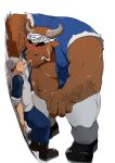  2boys against_wall animal_ears arm_hair bara bare_pectorals beard_stubble big_belly blush boots brown_fur cow_ears cow_horns faceless faceless_male fisherman from_above furry furry_male furry_with_non-furry headband highres horns interspecies kabedon large_hands male_focus mature_male minotaur multiple_boys muscular muscular_male navel navel_hair nipples open_clothes open_shirt original otsukimi pectorals plump seductive_smile shirt short_hair sideburns size_difference smile steam_from_nose stomach thick_arms thick_eyebrows torn_clothes torn_shirt torn_sleeves 