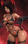  almualim big_breasts breasts cleavage clothed clothing dark_body dark_skin demon demon_humanoid female hair hair_over_eye hi_res humanoid membrane_(anatomy) one_eye_obstructed solo wide_hips 