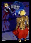  1boy 1girl ahoge armored_skirt arms_at_sides artoria_pendragon_(fate) black_border blonde_hair blood blood_from_mouth blood_in_hair blood_on_arm blood_on_face blood_on_ground border fate/stay_night fate_(series) from_above gauntlets gilgamesh_(fate) gold_armor hal_(haaaalhal) highres injury looking_at_another metal_boots saber short_hair signature standing torn_clothes 