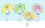  4girls bag blue_hair blue_shorts blush eating eyewear_on_head flip-flops food food_print fruit_print highres kiwi_print long_hair medium_hair multiple_girls orange_print original parted_lips pineapple_print ponytail popsicle print_umbrella sandals shirt short_hair short_sleeves shorts shoulder_bag sitting standing umbrella watermelon_print white_shirt yellow-framed_eyewear yoshimon 