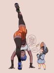  2girls black_gloves black_hair blue_hair blunt_bangs breasts child dark-skinned_female dark_skin gloves handstand hanging highres multiple_girls nyantcha original pixie_cut pokemon pokemon_(game) pokemon_sv poppy_(pokemon) purple_eyes short_hair upside-down very_dark_skin zoraida_(nyantcha) 