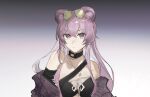  1girl absurdres animal_ears arknights bare_shoulders bikini black_bikini black_choker choker commentary_request eyewear_on_head gradient_background grey_background hair_ornament hairclip highres lin_(arknights) long_hair looking_at_viewer mouse_ears mroaridnryed_alter off_shoulder official_alternate_costume purple_eyes purple_hair solo sunglasses swimsuit upper_body very_long_hair 