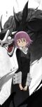  1other absurdres black_dress black_eyes blush breasts covered_navel crona_(soul_eater) dress expressionless frown hair_between_eyes highres index_fingers_together long_dress looking_at_viewer medium_breasts pink_hair ragnarok_(demon_sword) romana sad short_hair solo soul_eater wrist_cuffs 