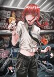  1girl angel_devil_(chainsaw_man) angel_wings black_hair black_nails black_necktie black_pants blonde_hair blurry blurry_background bomb_devil_(chainsaw_man) braid braided_ponytail brown_hair chainsaw_man character_doll collar collared_shirt crop_top crossbow_devil_(chainsaw_man) darkness_devil denji_(chainsaw_man) formal hayakawa_aki hell_devil_(chainsaw_man) higashiyama_kobeni highres karusou777 katana_man_(chainsaw_man) leash_belt looking_at_viewer makima_(chainsaw_man) medium_hair necktie open_mouth pants pochita_(chainsaw_man) power_(chainsaw_man) red_hair reze_(chainsaw_man) ringed_eyes shirt shirt_tucked_in short_hair sidelocks smile solo spiked_hair suit topknot twitter_username white_shirt wings yellow_eyes 