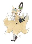  1girl absurdres animal_ears animal_on_tail aqua_hairband arknights black_cat blonde_hair bobby_socks brown_footwear cat colored_tips commentary fox_ears fox_girl fox_tail frilled_hairband frills from_behind green_eyes hairband heixiu highres holding holding_staff kitsune kyuubi long_hair luo_xiaohei luo_xiaohei_zhanji mary_janes multicolored_hair multiple_tails official_alternate_costume open_mouth shoes simple_background socks staff standing suzuran_(arknights) suzuran_(spring_praise)_(arknights) tail two-tone_hair white_background white_hair white_socks yakota_(usuk-yako) 