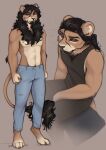  2023 anthro barefoot black_hair brown_body brown_fur clothed clothing digital_media_(artwork) feet felid fur hair hi_res lion male mammal multiple_poses pantherine pose sitting solo standing topless yshanii 