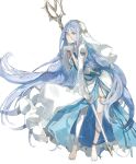  1girl aisutabetao azura_(fire_emblem) barefoot blue_hair dress elbow_gloves fingerless_gloves fire_emblem fire_emblem_fates gloves hair_between_eyes hairband highres holding holding_polearm holding_weapon jewelry lance light_blue_hair long_hair looking_at_viewer polearm simple_background solo veil very_long_hair weapon yellow_eyes 