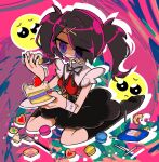  1girl aise_(gssns1ove) ame-chan_(needy_girl_overdose) bandaged_wrist bandages black_nails black_ribbon black_skirt black_socks brown_hair cake cake_slice cigarette collar collared_shirt commentary_request cookie drooling drop_shadow emoji food fork full_body hair_ornament hair_over_one_eye hair_tie hairclip heart holding holding_plate macaron multicolored_nails nail_polish neck_ribbon needy_girl_overdose plate pleading_face_emoji purple_eyes red_nails red_shirt ribbon ringed_eyes shirt shirt_tucked_in sitting skirt socks solo suspender_skirt suspenders twintails white_collar x_hair_ornament 