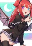  1girl absurdres ahoge black_capelet black_dress black_horns black_thighhighs blue_eyes blush capelet crescent crescent_hair_ornament demon_girl demon_wings dress fang frilled_capelet frills hair_ornament hatyuuruinohito heterochromia highres horns long_hair nijisanji pink_eyes red_hair skin_fang solo thighhighs two_side_up virtual_youtuber wings yuzuki_roa yuzuki_roa_(1st_costume) 