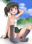  1girl arm_up black_hair black_skirt blue_sky camisole chibaraki_hikaruko cloud cloudy_sky commentary_request crotch_seam day green_camisole grey_socks hand_on_own_head highres kuraue_hinata looking_at_viewer miniskirt on_ground open_mouth outdoors panties pantyshot partial_commentary pleated_skirt purple_eyes short_hair sitting skirt sky smile socks solo twintails twitter_username underwear white_panties yama_no_susume 