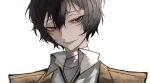  1boy absurdres bandaged_neck bandages black_hair brown_eyes brown_jacket bungou_stray_dogs collared_shirt dazai_osamu_(bungou_stray_dogs) hair_between_eyes highres jacket looking_at_viewer male_focus open_mouth portrait shirt short_hair simple_background smile solo white_shirt ya_ta 