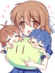  1boy 2girls ^_^ antenna_hair blue_hair blue_shirt blush bow brown_eyes brown_hair chibi chibi_inset child clannad closed_eyes commentary_request couple dango_daikazoku embarrassed eyes_visible_through_hair family father_and_daughter frown furukawa_nagisa hair_between_eyes hair_bow half_updo happy haruchimo heart hetero hikarizaka_private_high_school_uniform holding jacket medium_hair mother_and_daughter multiple_girls nose_blush okazaki_tomoya okazaki_ushio open_mouth puffy_short_sleeves puffy_sleeves school_uniform shirt short_sleeves simple_background smile solo_focus upper_body white_background white_bow yellow_jacket |_| 