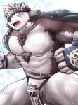  abs accessory anthro armguard balls body_hair bottomwear canid canine canis chest_hair clothing fist fur genitals grey_body grey_fur headband hi_res horkeu_kamui_(tas) kemokemumaki lifewonders loincloth male mammal muscular muscular_anthro muscular_male nipples pecs solo tokyo_afterschool_summoners wolf 