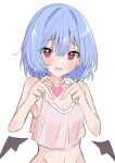  1girl @_@ alternate_costume bat_wings blue_hair blush breasts cleavage commentary_request groin heart highres looking_at_viewer navel nono54558 open_mouth red_eyes remilia_scarlet short_hair simple_background solo touhou upper_body white_background wings 