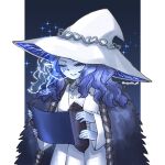  1girl artist_name blue_background blue_eyes cape cracked_skin elden_ring extra_arms extra_faces fur_cape hat large_hat miqueliafantasia one_eye_closed pillarboxed ranni_the_witch robe scroll solo sparkle twitter_username white_robe witch_hat 