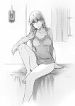  1girl 3: absurdres alternate_hairstyle arm_on_knee arm_support barefoot breasts camisole candle candlestand cleavage collarbone curtains greyscale hair_down highres leg_up lingerie long_hair looking_at_viewer monochrome no_pants otome_gee_sekai_wa_mob_ni_kibishii_sekai_desu shiosato_jun sitting solo stephanie_fou_offrey underwear underwear_only window 