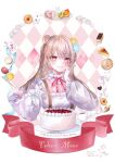  1girl animal_ears bear_ears blonde_hair cake character_name clothing_cutout commentary food fork hand_on_own_cheek hand_on_own_face happy_birthday highres holding holding_fork indie_virtual_youtuber long_hair macaron pink_eyes red_nails seisaiminty shoulder_cutout solo swept_bangs symbol-only_commentary tobari_mone 
