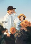  1boy 1girl baseball_cap black_headwear black_pants blonde_hair blue_shirt blue_sky blush bob_cut bouquet bracelet brown_hair closed_eyes collared_shirt cowboy_shot field flower flower_field grey_shirt hair_between_eyes hand_on_own_head hat holding holding_bouquet holding_flower iwakura_mitsumi jewelry laughing lightningstrikes long_skirt long_sleeves open_mouth outdoors pants shima_sousuke shirt shirt_under_shirt short_hair skip_to_loafer skirt sky smile straw_hat sunflower white_shirt 