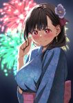  1girl blush bow braid breasts brown_hair earrings fireworks floral_print flower hair_flower hair_ornament hair_over_shoulder hand_up highres izawa_(bhive003) japanese_clothes jewelry kimono kono_subarashii_sekai_ni_shukufuku_wo! large_breasts obi pink_bow purple_flower red_eyes sash solo upper_body yunyun_(konosuba) 