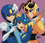  2girls armor blue_eyes breasts cheek_poking height_difference honey_woman hug mateus_upd mega_man_(character) multiple_girls naughty_face open_mouth original poking robot splash_woman 