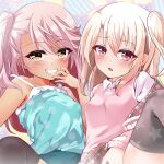  2girls blush breasts chloe_von_einzbern dark-skinned_female dark_skin fate/kaleid_liner_prisma_illya fate_(series) feet_out_of_frame grin hair_between_eyes highres illyasviel_von_einzbern long_hair looking_at_viewer mochi_(k620803n) multiple_girls orange_eyes pink_hair red_eyes sidelocks small_breasts smile spread_legs white_hair 