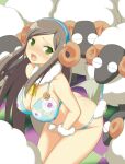  1girl animal animal_costume bell bikini bikini_pull blue_bikini blue_hairband blush breasts brown_hair butt_crack cleavage clothes_pull collarbone fake_horns floral_print green_eyes hairband highres horned_headwear horns josui_(senran_kagura) large_breasts long_hair neck_bell official_art open_mouth senran_kagura senran_kagura_new_wave sheep sheep_costume sheep_girl shiny_skin solo swept_bangs swimsuit tile_floor tiles wool yaegashi_nan 