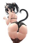  1girl ahoge animal_ears ass back bent_over black_hair black_panties black_ribbon black_thighhighs blue_eyes blush cat_ears cat_girl cat_tail commentary extra_ears frilled_panties frills from_behind hair_ribbon half-closed_eyes halterneck highres leaning_forward looking_at_viewer looking_back medium_hair original panties parted_lips paw_pose ponytail ribbon simple_background slit_pupils solo standing tail talte01 thigh_gap thighhighs underwear underwear_only white_background 