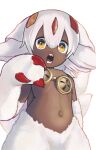  1girl absurdres animal_ears body_fur evermind faputa hair_between_eyes highres looking_at_viewer made_in_abyss multiple_tails non-web_source open_mouth orange_eyes self-upload simple_background solo tail upper_body white_background white_fur yellow_eyes 