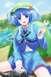  1girl :d absurdres backpack bag blue_eyes blue_hair blue_skirt blue_vest blunt_bangs breasts cloud commentary_request day hair_bobbles hair_ornament hand_up highres holding holding_wrench kawashiro_nitori light_blush long_sleeves looking_at_viewer nyarocks open_mouth outdoors parted_bangs short_hair skirt skirt_set small_breasts smile solo teeth touhou two_side_up upper_teeth_only vest water wrench 