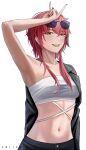  1girl :d absurdres arm_up armpits bandeau bare_shoulders black_jacket blush character_name colored_tongue commentary_request copyright_request erlisatakanashi eyewear_on_head highres jacket jacket_partially_removed lapels long_hair looking_at_viewer midriff nail_polish navel red_hair red_nails simple_background smile solo stomach strapless sunglasses tube_top upper_body white_background yellow_eyes yellow_tongue 