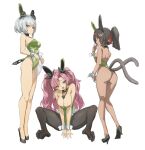  3girls alternate_costume anby_demara animal_ears ass bare_legs bare_shoulders black_hair black_pantyhose black_ribbon blunt_bangs braid breasts dark-skinned_female dark_skin earrings fake_animal_ears green_eyes green_leotard grey_hair hair_ornament hair_ribbon hairclip heart heart_necklace high_heels highres holding holding_tray jewelry large_breasts leotard long_hair medium_breasts mole mole_on_breast mole_under_eye multiple_girls multiple_tails necklace nekomiya_mana nicole_demara pantyhose pink_hair playboy_bunny ponytail rabbit_ears ribbon short_hair side_braid simple_background sitting small_breasts spread_legs standing strapless strapless_leotard tail tray two_side_up two_tails white_background wonchun wrist_cuffs zenless_zone_zero 